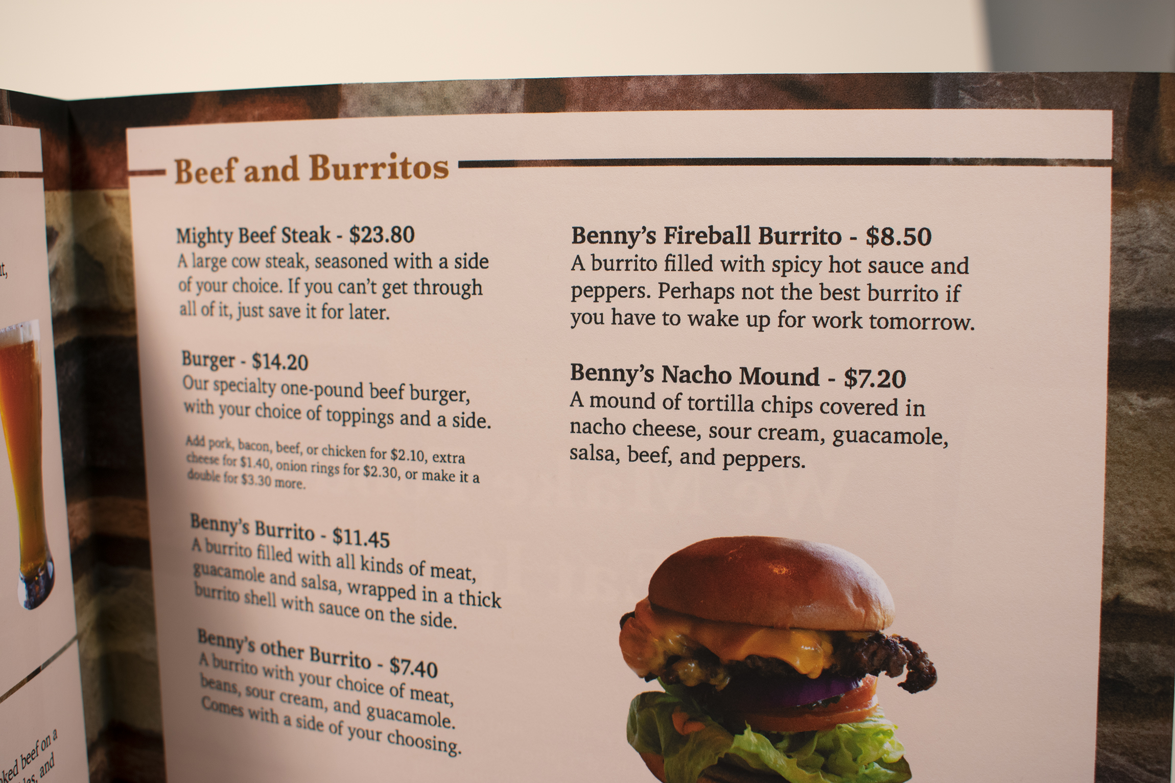 Benny's menu beef and burrito options